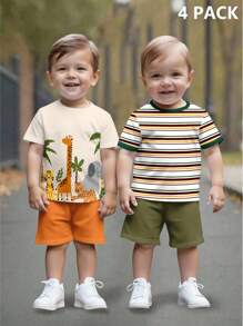 2件套儿童休闲圆领T恤和短裤套装，动物，卡通，儿童精选系列，日常基本款，快乐的孩子，柔和的色彩，骑行风格，家庭旅行，快乐的日子，我爱妈妈，我爱爸爸，可爱的家，酷酷的孩子，小男孩，适合夏天