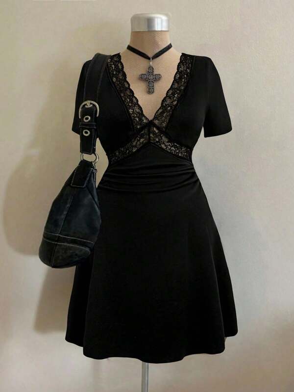 Sunspun Plus Size Fashionable V-Neck Lace Patchwork See-Through Sexy Dress