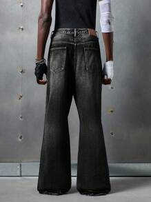 NEON BLANC Men's Street Fashion Loose Straight Leg Long Denim Jeans - Black - View 3