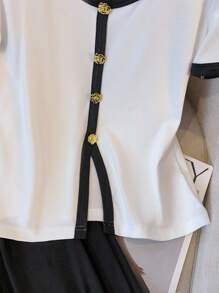 GlowEve 2 件套休闲女式夏季花卉纽扣装饰短袖上衣和裤子套装 - 黑與白 - 查看 7