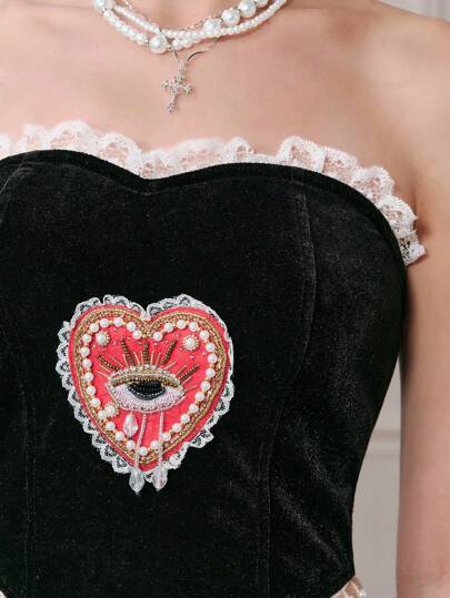 ROMWE EDITION Top halter con adorno de encaje, bordado, color contrastante, perlas y flecos estilo vintage, romántico y barroco para mujer