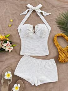 Soleia 女士度假露背吊带上衣和短裤套装，海滩、西部、节日、夏季服装，波西米亚风格 - 白色 - 查看 8