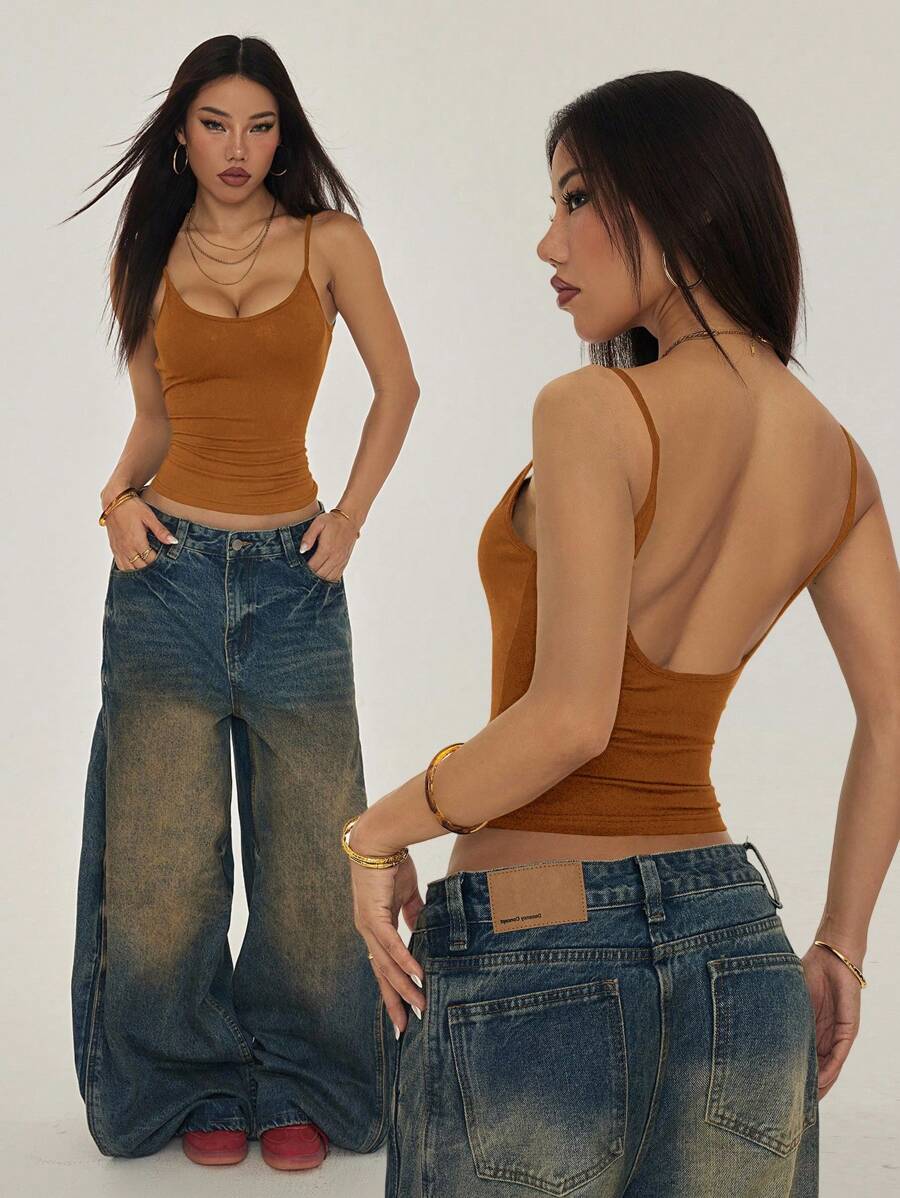 SHEIN PETITE 女式夏季褶皱修身无袖吊带背心