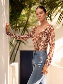 Sunsella Combinaison body imprimée à manches longues, tenue sexy pour femmes à porter à la plage, en vacances