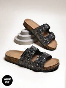 SHUZIA Sandalias planas de chancleta con plataforma de corcho, abertura en la punta y doble hebilla con brillantes de rhinestone para mujeres de talla grande, cómodas, lujosas y brillantes. - Negro - Ver 1
