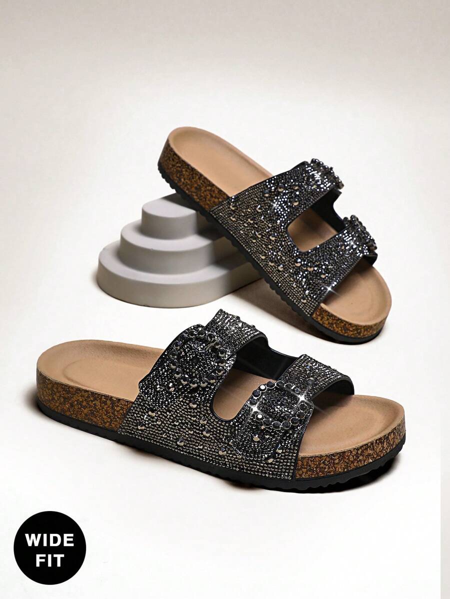 SHUZIA Sandalias planas de chancleta con plataforma de corcho, abertura en la punta y doble hebilla con brillantes de rhinestone para mujeres de talla grande, cómodas, lujosas y brillantes. - Negro - Ver 1