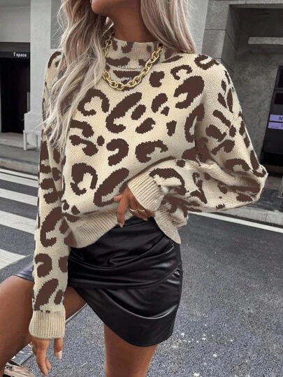 Elyressa Suéter de punto casual de cuello redondo con estampado de leopardo de manga larga para mujer, otoño e invierno
