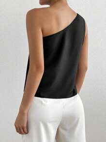 RosyDaze Halloween Women's Solid Color Sleeveless Metal Decor Button Casual & Elegant Shirt, Suitable For Commuting, Summer One Shoulder Top Chic Top - Black - View 2