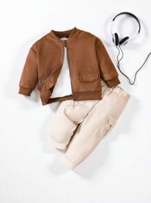 SHEIN Playful Pals Baby Boys' Suede Bomber Jacket And Cargo Pants Set
