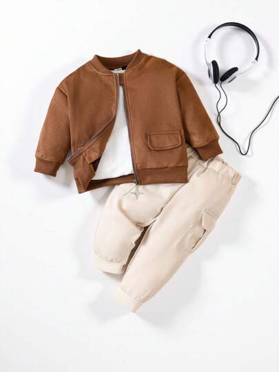 SHEIN Playful Pals Baby Boys' Suede Bomber Jacket And Cargo Pants Set