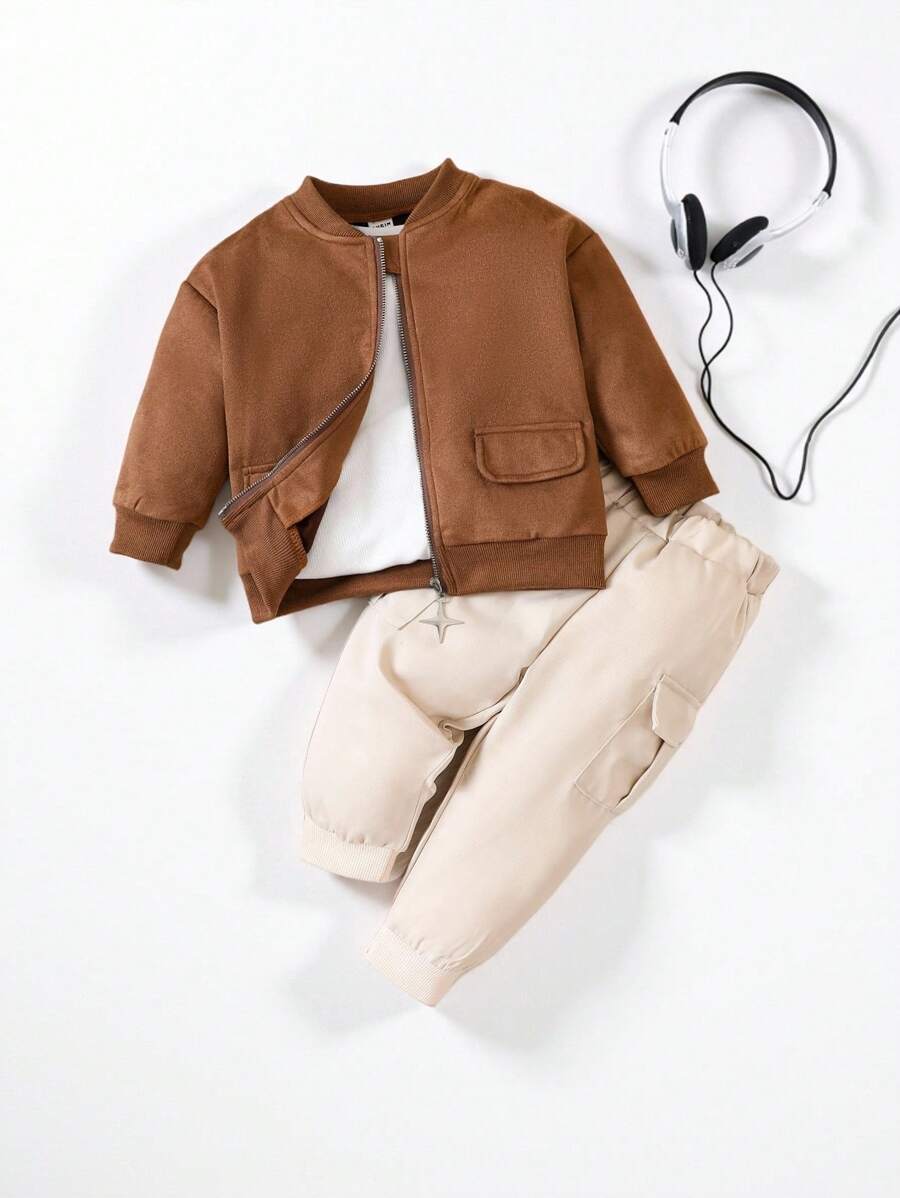 SHEIN Playful Pals Baby Boys' Suede Bomber Jacket And Cargo Pants Set