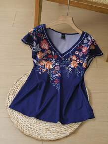 EMERY ROSE Camisa informal de mujer con cuello en V, manga corta y estampado, color azul
