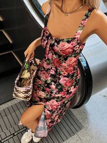 Siren Gaze Women Elegant Floral Full Print Slit Strap Dress, Summer,Cruise Women Outfits, Dress,Women Dress,Beach Women Outfits,Maxi Dress, Black Black - Black - View 4