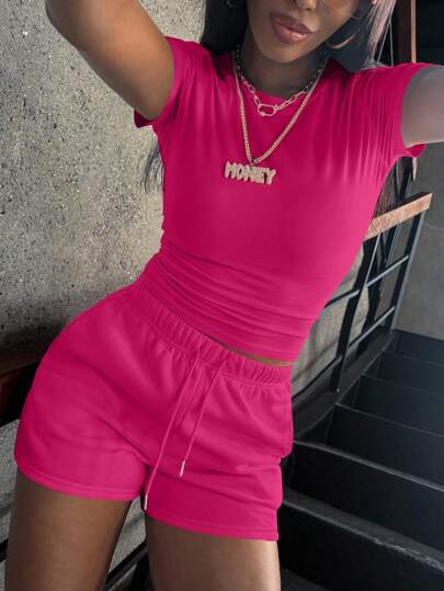 INAWLY Set de tricou și pantaloni scurți la modă pentru femei, de culoare solidă