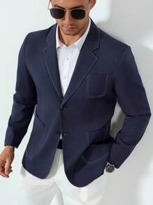 Manfinity Bizformal 男士休闲时尚西装外套，撞色滚边设计 - 藏蓝色 - 查看 3
