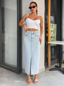 EURMUSE WOMEN HIGH WAIST SLIT ON THE CENTER SKIRT Long Jean Skirt With Slit Long Denim Skirt Maxi Denim Skirt Light Blue Denim Skirt Denim Skirt With Slit - Light Wash - View 7