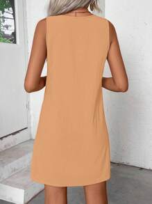 EMERY ROSE 女式夏季纽扣前口袋圆领无袖休闲连衣裙 - 橘色 - 查看 2