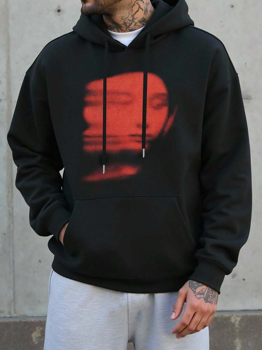 Manfinity Dauomo Herren Langarm Hoodie mit Tasche und Charakterdruck, schwarze Lässig Variante - Schwarz - Übersicht 1