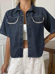 Livesso Women's Summer Denim Jacket With Collar, Short Sleeve & Lace Ribbon Decoration - Blue - View 1