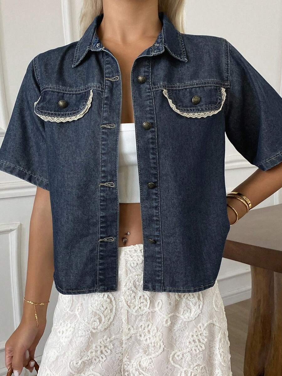 Livesso Women's Summer Denim Jacket With Collar, Short Sleeve & Lace Ribbon Decoration - Blue - View 1
