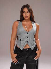 Rustia Fashionable V-Neck Sleeveless Casual Short Blazer - Grey - View 6