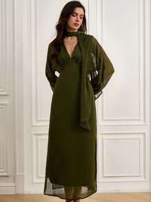 Aveloria Rosie 优雅简约时尚V领丝带装饰褶饰腰部高开衩长袖连衣裙，适合女士，高端设计，适合约会 - 橄欖綠 - 查看 4