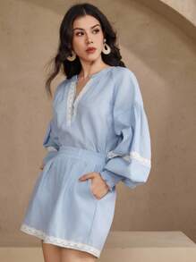 DAZY 2pcs/Set Women Embroidered V-Neck Lantern Sleeve Blouse And Elastic Waist Shorts Lounge Sets For Women - Blue - View 4