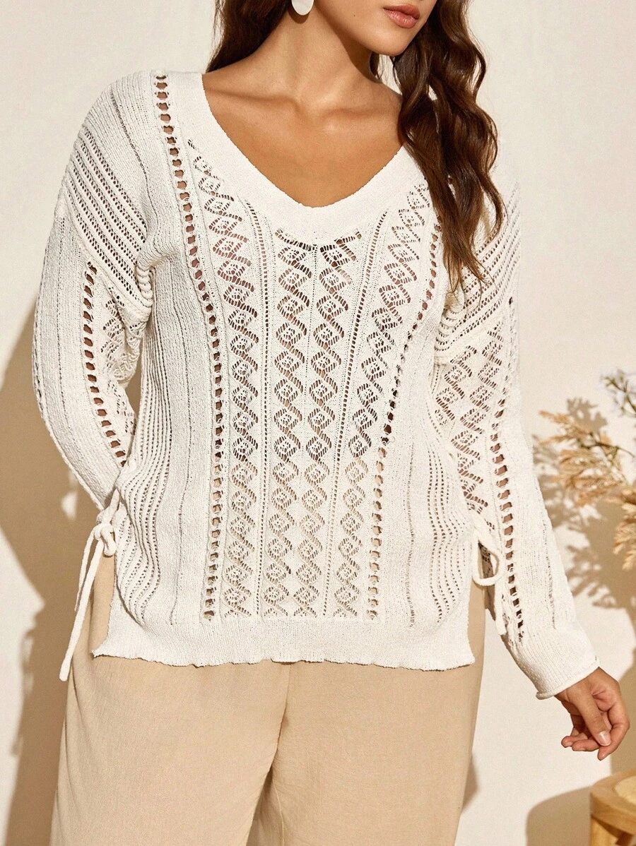 Calvaya Cut Out gestrickter Lässig Pullover in Große Größen mit Langarm, Oberbekleidung für Ausgehen & Urlaub, Herbst/Winter Strick Pullover - Aprikosenfarben - Übersicht 1