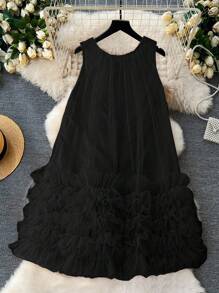 DreamSkyne Đầm lưới xếp lớp cổ tròn không tay thanh lịch, thoải mái, rộng rãi, cỡ lớn cho nữ, váy mùa xuân, đồ đi biển - màu đen - Xem 2