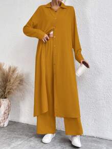 SHEIN LUNE Bộ 2 món/Bộ đồ nữ dài tay đơn hàng khuy đơn màu trơn dài tay và quần âu thường ngày - Màu vàng - Xem 4