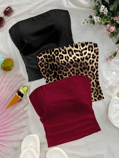 Soleia 3pcs/Set Women Sexy Leopard Print Slit Shoulder Blouses, Versatile Casual Daily Wear, Suitable For Dating, Afternoon Tea, Beach, Cruise, City Vacation, All Season, Wedding Season, Spring & Summer Vacation, Music Festival, Boho Vacation Strapless Tops Leopard Print Tops Cheetah Print Tops Multi Pack Tops Suitable For Going Out