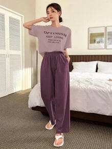 DAZY 女式标语印花短袖 T 恤和裤子休闲两件套睡衣 - 淺灰紫 - 查看 1