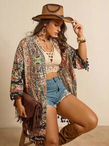 Freevana Plus Size Printed Beach Fringed Hem Kimono,Travel Airport,Going Out,Country,Back To School, Holiday Elegant, Vacation Style, Holiday,Boho/Bohemian Kimono,Print Kimono Summer Plus Size Kimono Plus Size Hippie Boho Kimono - Multicolor - View 4