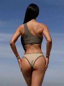 Carolina Barros Đường viền cổ bất đối xứng Rỗng màu trơn buộc phong cách ngày lễ Bộ bikini đi biển mùa hè - Nhiều màu - Xem 4