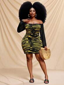 Slaydiva Plus Size Fashionable Leopard & Tiger Print Knit Bodycon Mini Dress, Sexy One Shoulder, Bodycon Style, Street & Vacation Chic - Multicolor - View 1