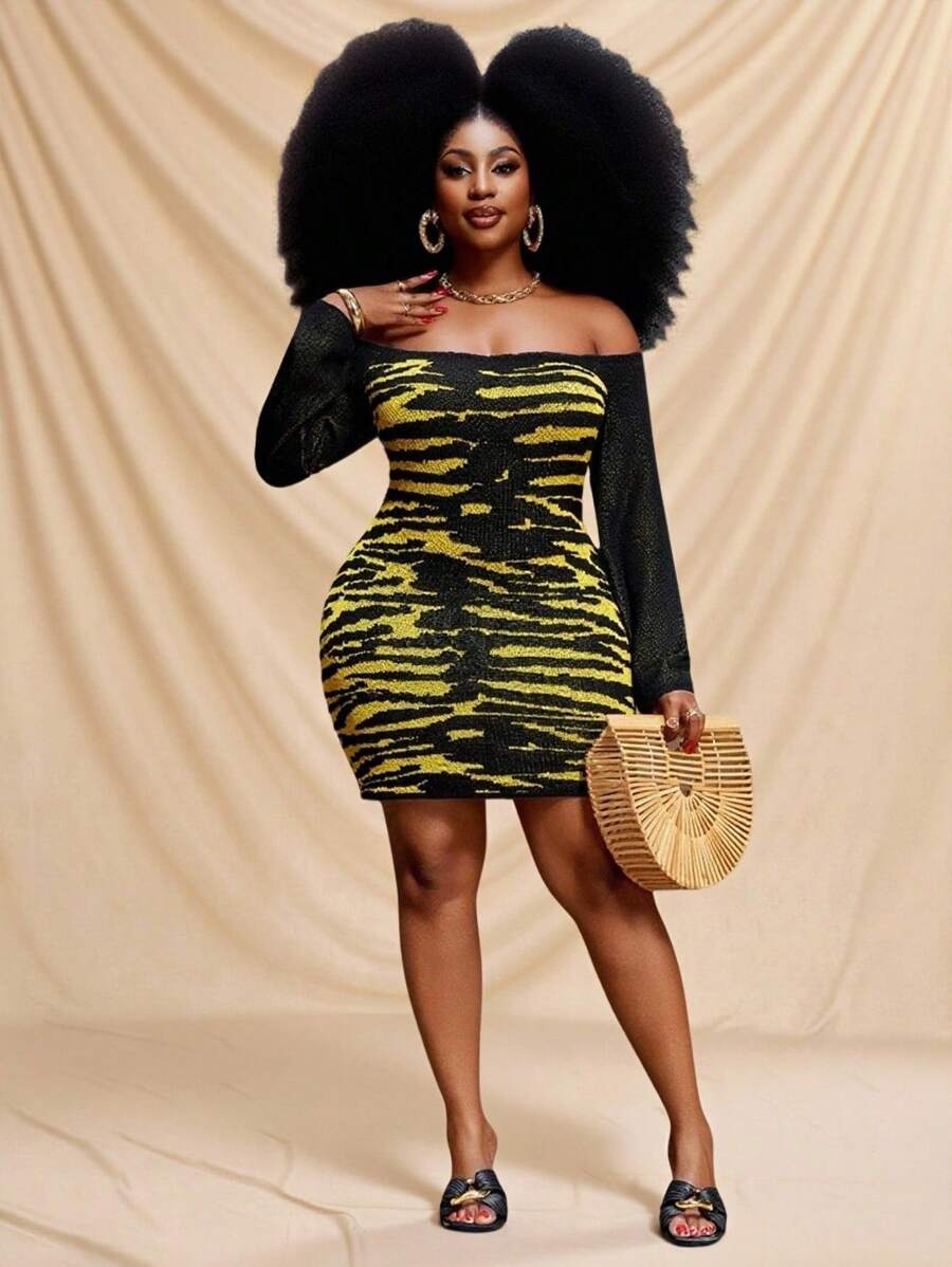 Slaydiva Plus Size Fashionable Leopard & Tiger Print Knit Bodycon Mini Dress, Sexy One Shoulder, Bodycon Style, Street & Vacation Chic - Multicolor - View 1