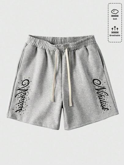 Street Life Men's Beaded Letter Embroidery Drawstring Waist Pockets Shorts