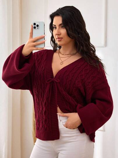 EURMUSE Front Bow Detailed Cable Knit Plus Size Cardigan