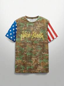 NEON BLANC 男士休闲街头风格星条字母印花圆领短袖T恤，夏季装