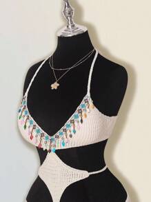 SHEIN ICON Vestido mini de punto con decoración de colgante sexy y espalda descubierta para vacaciones de mujer