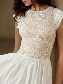 EMERY ROSE Vestido de mujer con mangas cortas, parche de encaje y estilo retro francés - Blanco - Ver 2