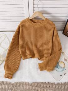 SHEIN 女童纯色圆领宽松休闲长袖毛衣 - 卡其色 - 查看 6