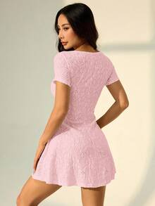 SHEIN PETITE Solid Color Square Neck Short Sleeve Mini Y2K Casual Dress For Women, Summer Dresses For Women Pink Dress For Women