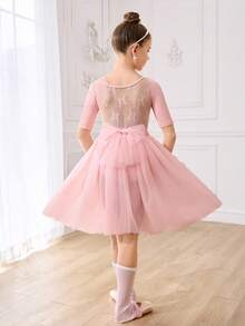 SHEIN Tween Girls Knitwear Tie-Front Ballet Leotard,Lightweight Mesh Tulle Skirt,Low-Saturation Performance Uniform,Dusty Pink,Summer,Elegant,Dancewear,Yoga - Pink - View 4