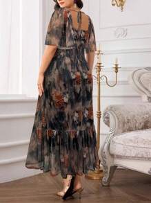 Modelyn 大码女式花卉印花方领荷叶边袖优雅中长连衣裙 - 棕色 - 查看 2