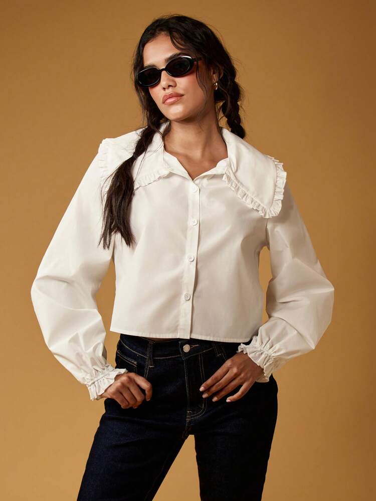 MISSGUIDED Victorian Style Long Sleeve Blouse Ruffle Collar Peter Pan Autumn Spring Office Wear Button Down Elegant Cotton Top