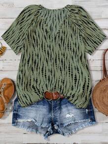 Breezaya Women's V-Neck Short Sleeve Apricot Floral Print Casual Top, Summer - Army Green - View 1