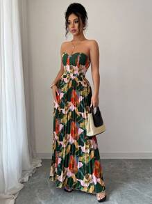 Selianne Digital Printed Strapless Cinched Waist A-Line Pleated Elegant And Romantic Holiday Dress For Women