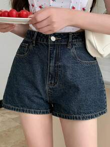 DAZY 女式A字牛仔休闲街头风格性感热裤，夏季 - 深色水洗藍 - 查看 6