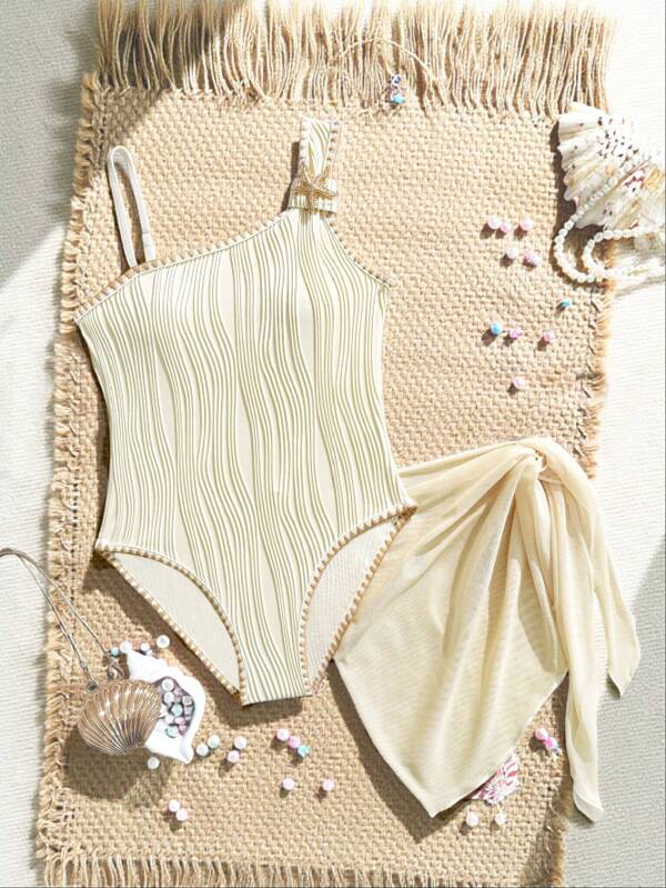 SHEIN Tween Girls One-Piece Swimsuit: Elegant Side-Tie Sarong Swimsuit With Starfish Accents, Perfect For Beach Vacations